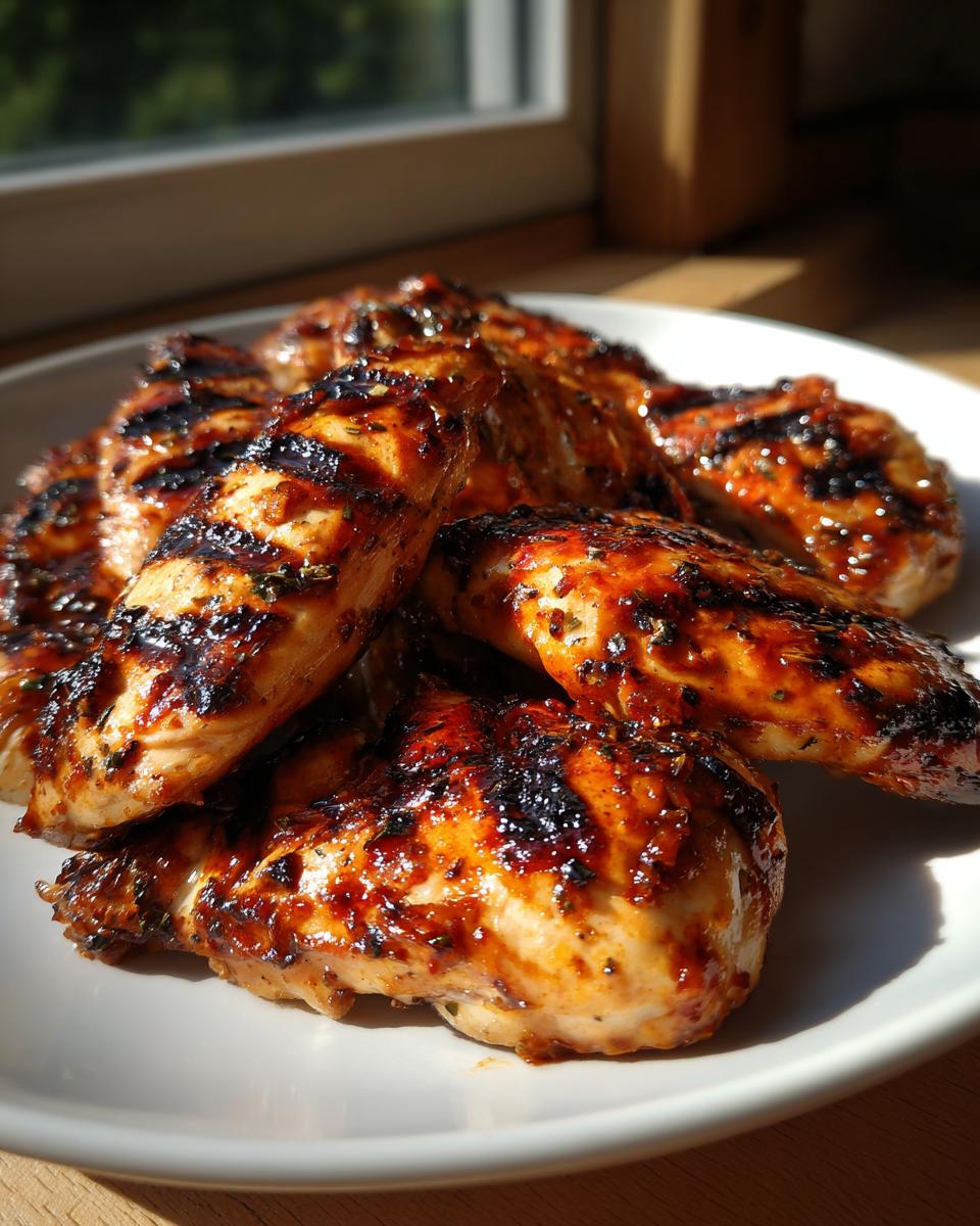Close-up of juicy, grilled chicken pieces coated in a dark, caramelized chicken marinade, resting on a white plate.