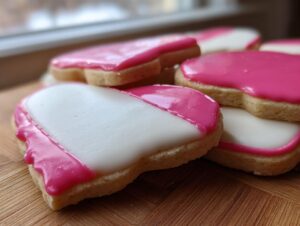 Close-up of heart-shaped sugar cookies decorated with a white and bright pink sugar cookie icing recipe.