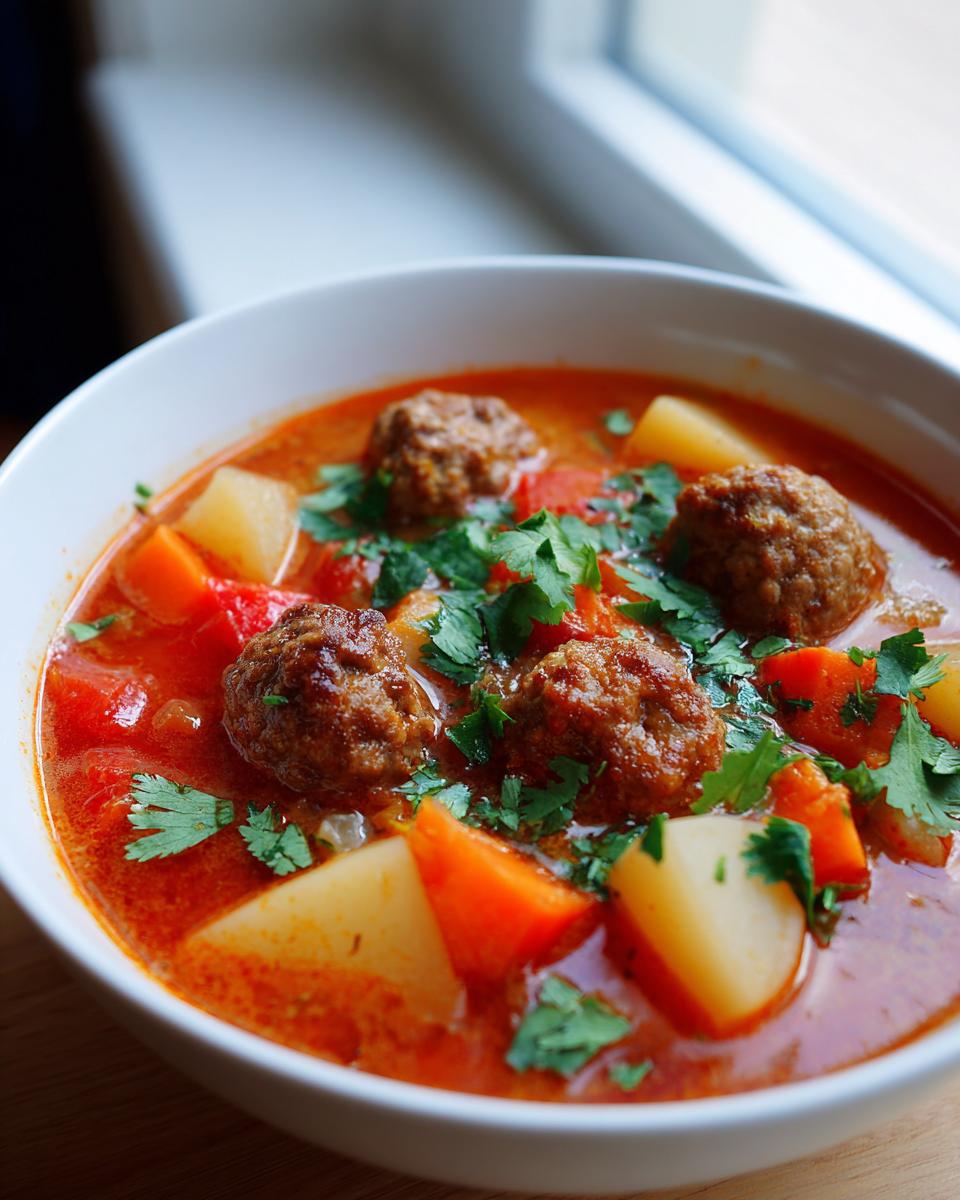 Close-up of a white bowl filled with rich, red albondigas soup featuring meatballs, potato chunks, carrots, and fresh cilantro.