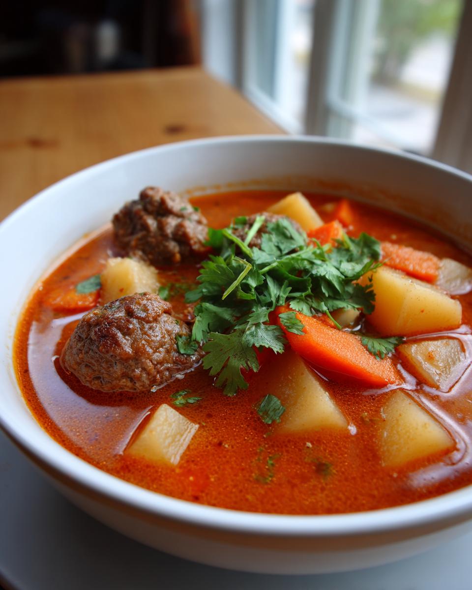 Close-up of a white bowl filled with flavorful albondigas soup, featuring meatballs, potatoes, carrots, and fresh cilantro.