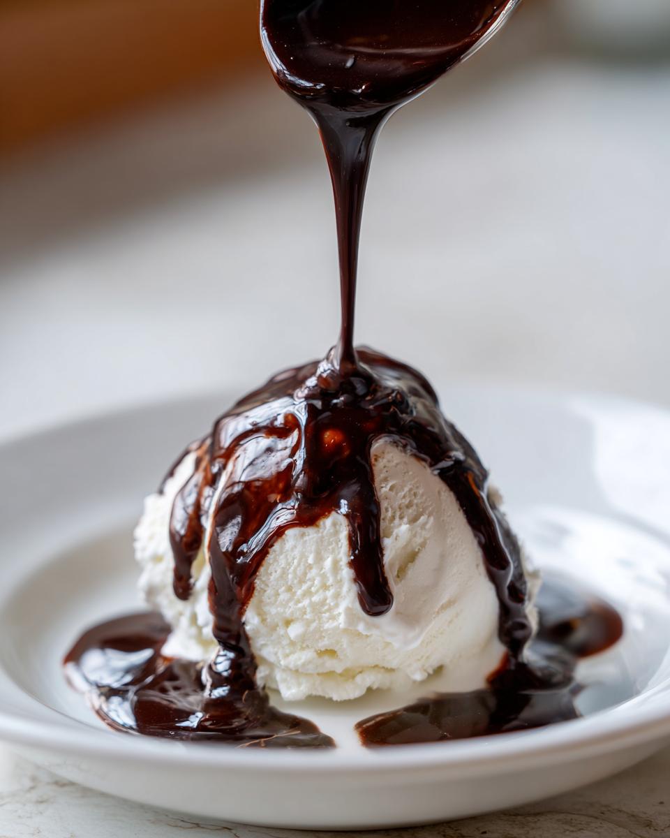 A close-up of thick, glossy chocolate syrup being poured from a spoon onto a scoop of vanilla ice cream.