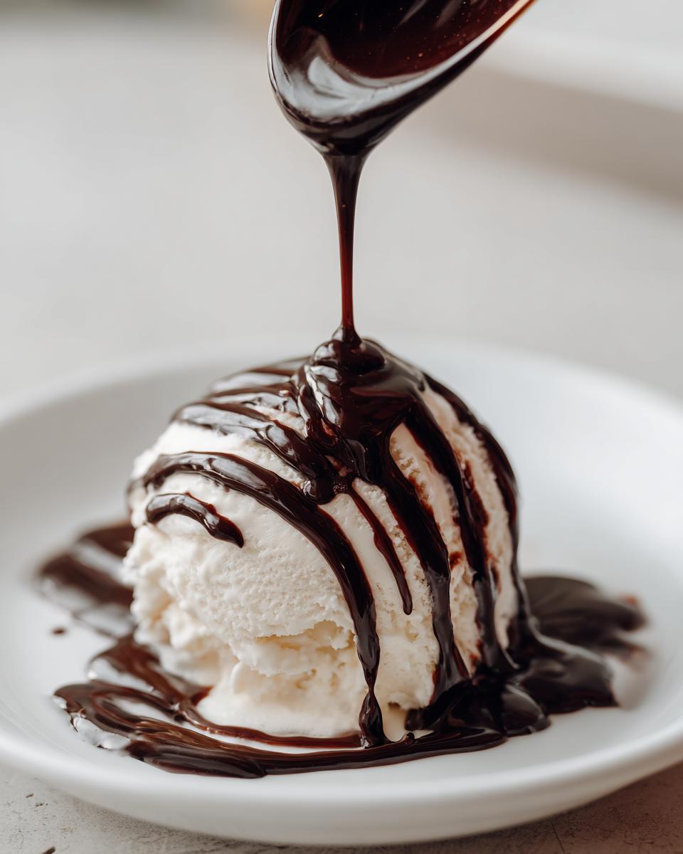 A close-up of thick, homemade chocolate syrup being drizzled from a spoon onto a scoop of vanilla ice cream.