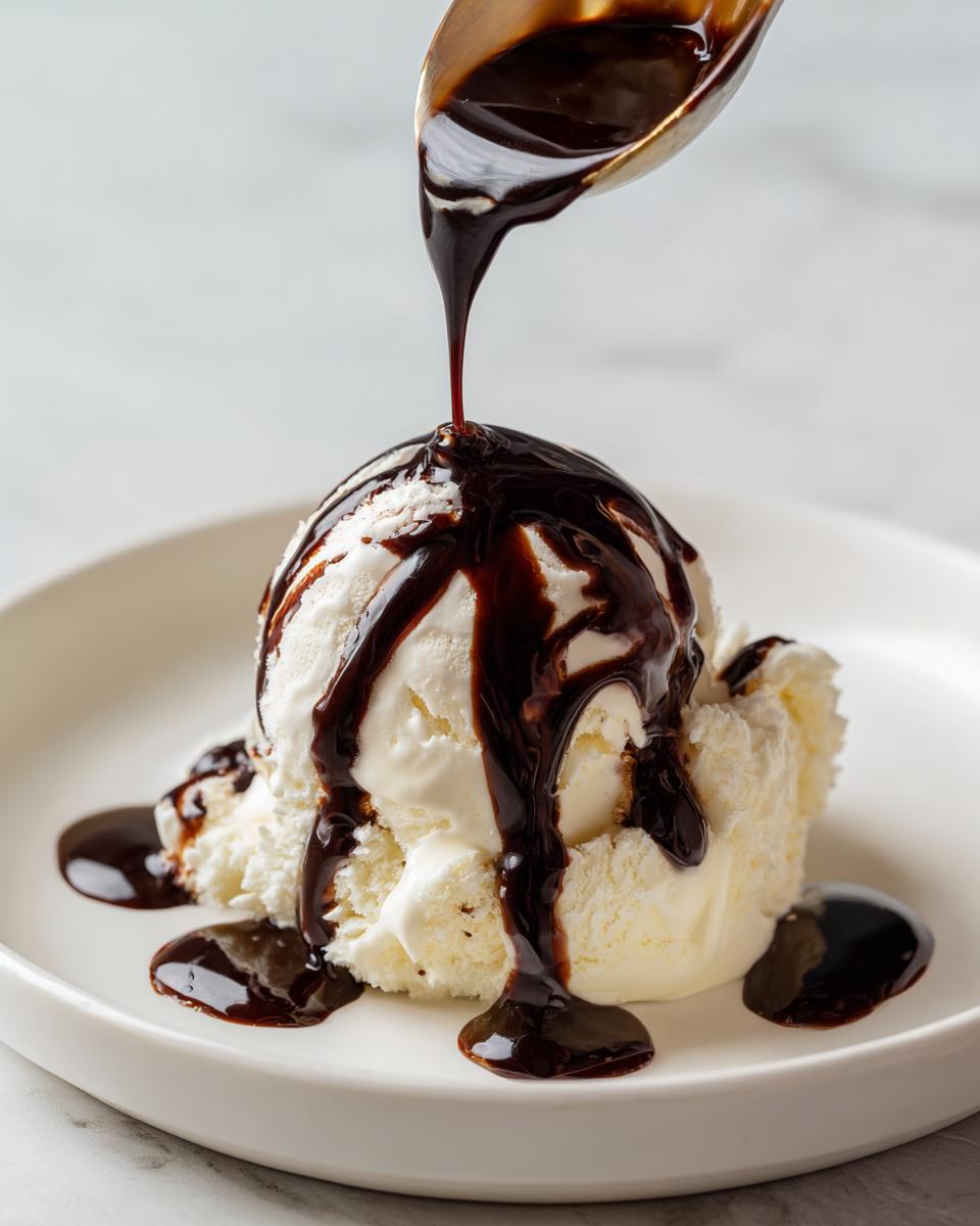 A spoonful of rich chocolate syrup is being poured over a scoop of vanilla ice cream.