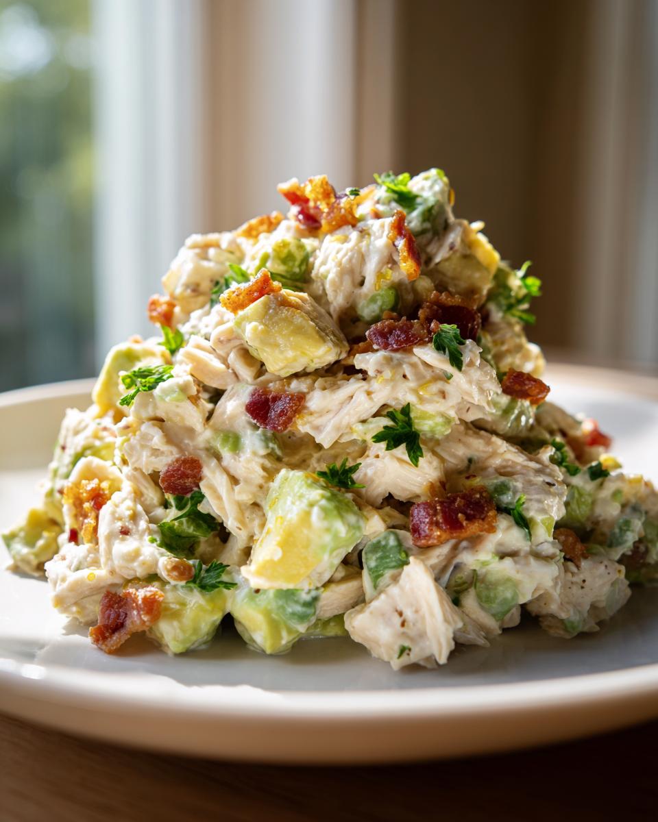 A mound of creamy honey mustard chicken salad mixed with chunks of avocado and topped with crispy bacon bits and parsley.