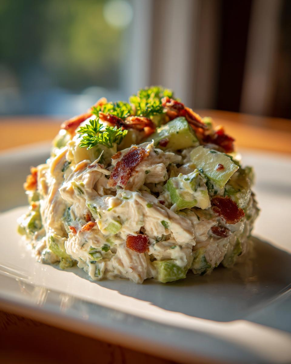 A mound of creamy honey mustard chicken salad mixed with avocado chunks and topped with crispy bacon bits and parsley.