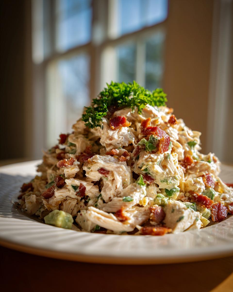A tall mound of creamy honey mustard chicken salad mixed with bacon bits and topped with fresh parsley.