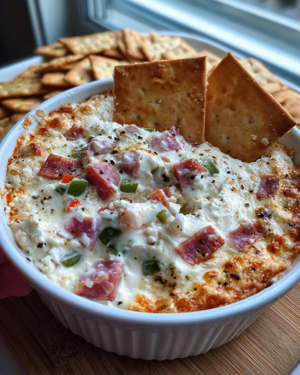 Close-up of a hot, baked hoagie dip in a white ramekin, topped with meat and peppers, served with crackers.