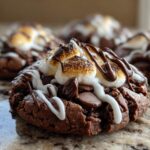 Close-up of a rich, dark chocolate hot chocolate cookie topped with toasted marshmallows and drizzled with white and dark chocolate.