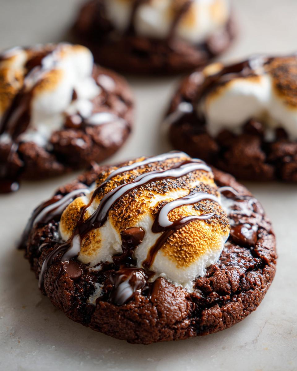 Close-up of a rich, dark chocolate hot chocolate cookie topped with a toasted marshmallow, chocolate drizzle, and melted chips.