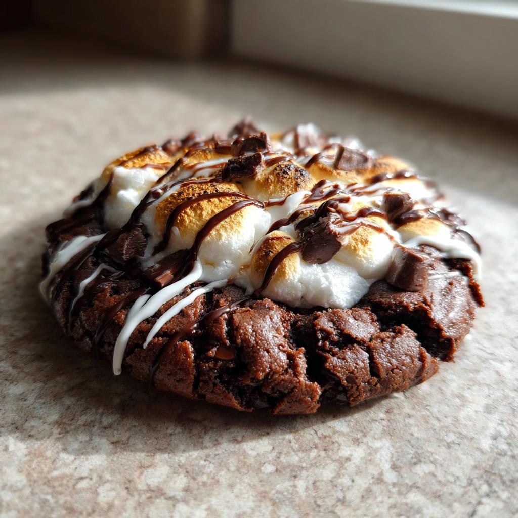 A close-up of a rich, dark chocolate hot chocolate cookie topped with toasted marshmallows and chocolate drizzle.