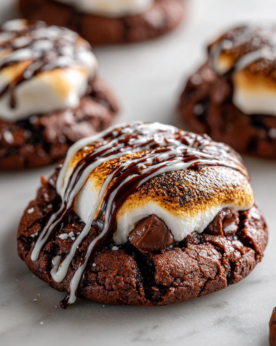 Close-up of a rich, dark chocolate hot chocolate cookie topped with a toasted marshmallow, chocolate chunks, and drizzles of white and dark chocolate.