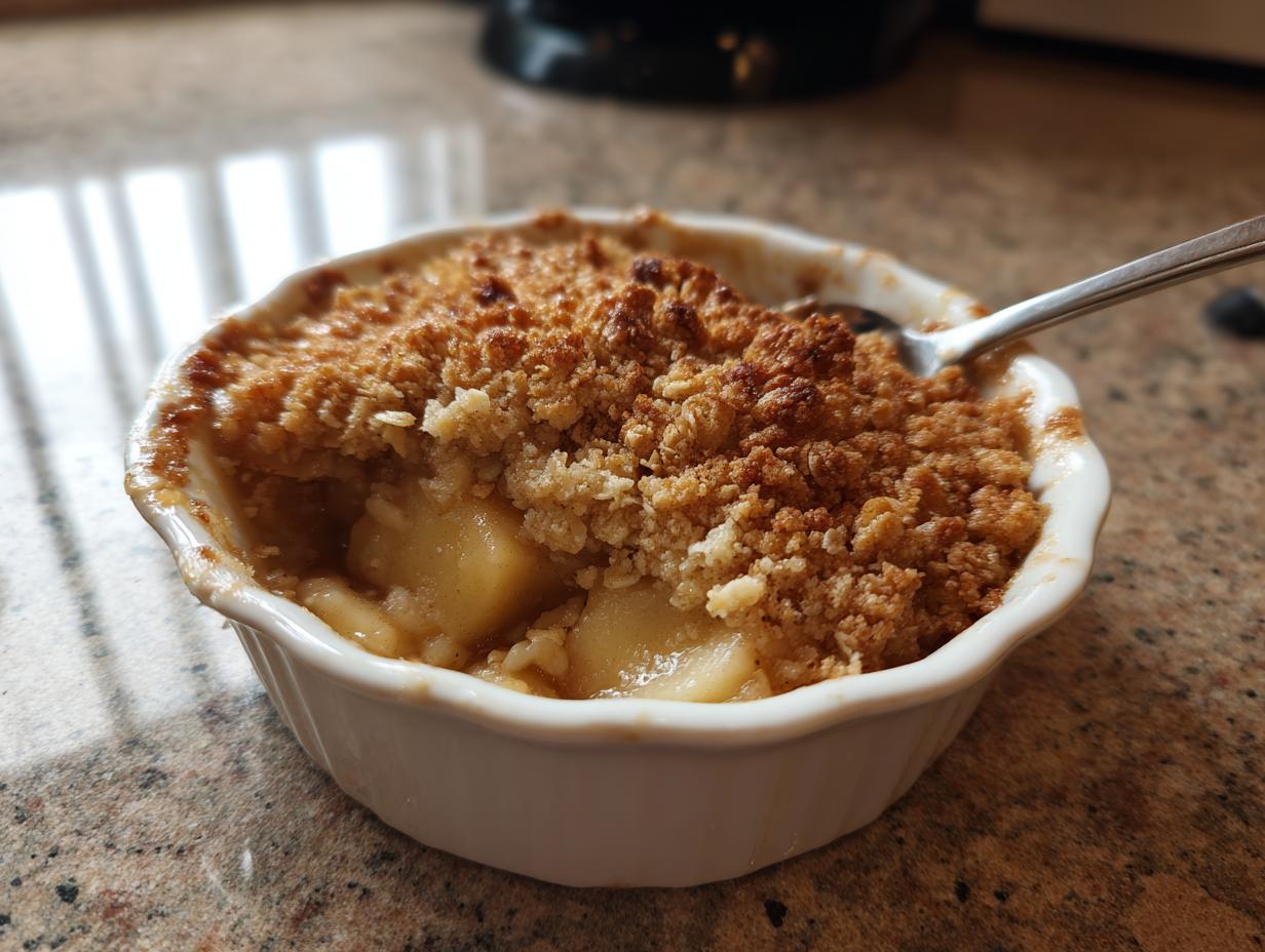 Close-up of a single-serving white ramekin filled with warm, bubbling apple crisp topped with golden brown crumble.