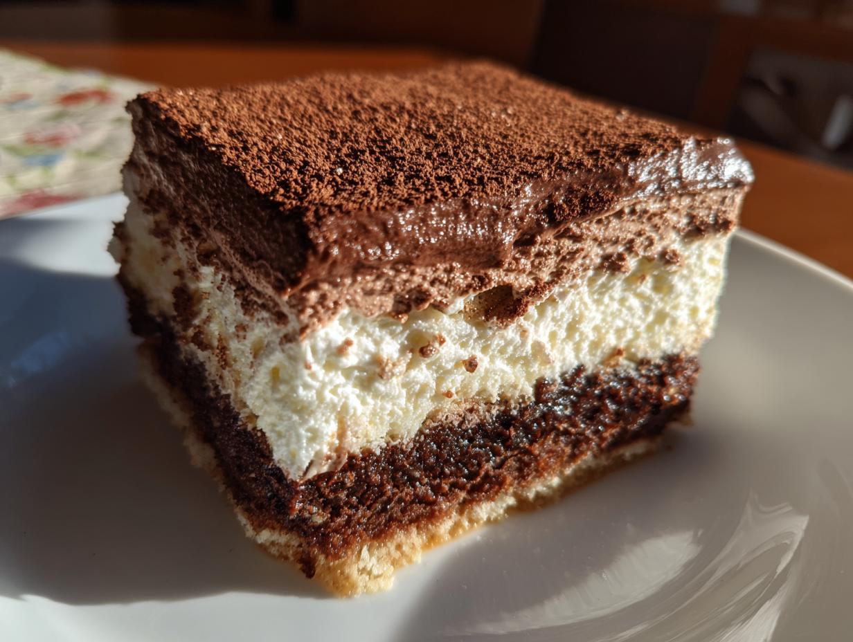 Close-up of a square slice of italian love cake showing three distinct layers: cake base, white cream, and chocolate mousse topped with cocoa powder.