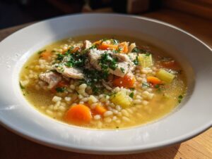 A close-up of a bowl of Italian penicillin soup featuring broth, small pasta, shredded chicken, carrots, celery, and parsley garnish.