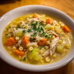 Close-up of a bowl of Italian penicillin soup featuring shredded chicken, ditalini pasta, carrots, celery, topped with grated Parmesan and parsley.