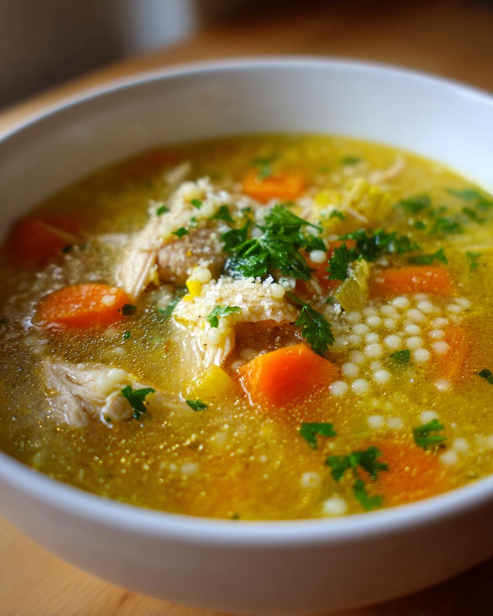 A close-up view of a bowl of Italian penicillin soup, rich with broth, shredded chicken, carrots, acini di pepe pasta, and topped with Parmesan and parsley.