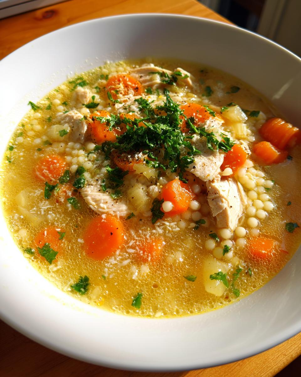 Close-up of a white bowl filled with hot Italian penicillin soup, featuring shredded chicken, bright orange carrots, acini di pepe pasta, and fresh parsley.