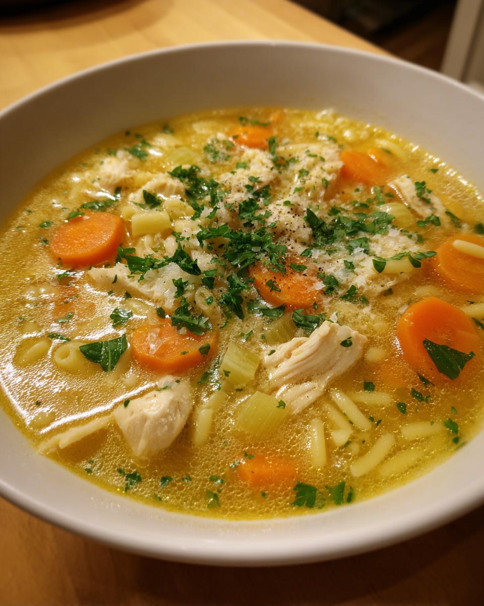Close-up of a comforting bowl of Italian penicillin soup featuring shredded chicken, sliced carrots, pasta, and topped with Parmesan and parsley.