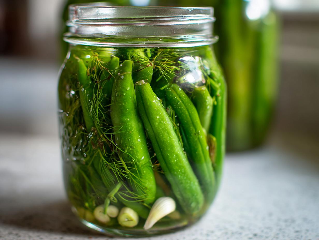 Close-up of a glass jar filled with fresh green beans, dill sprigs, and garlic cloves for making dilly beans.