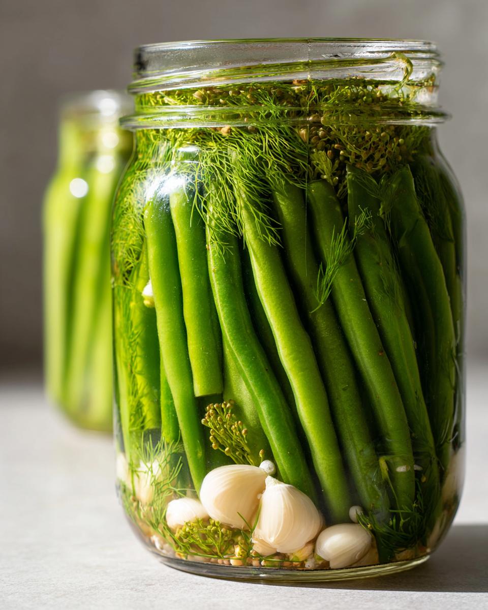 Close-up of fresh green beans packed tightly in a jar with garlic cloves and fresh dill for making dilly beans.