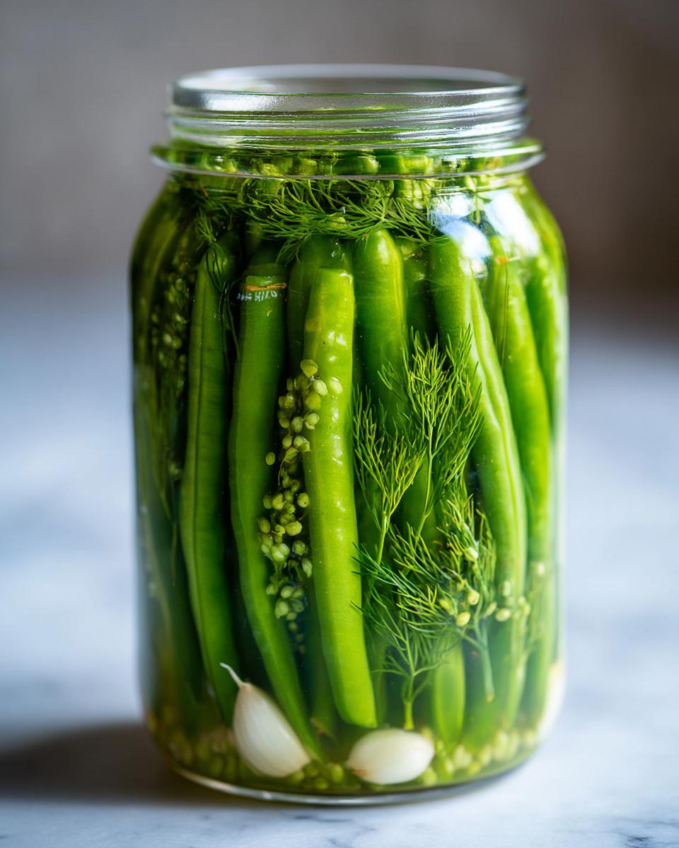 A close-up of a glass jar filled with bright green dilly beans, fresh dill sprigs, and garlic cloves.