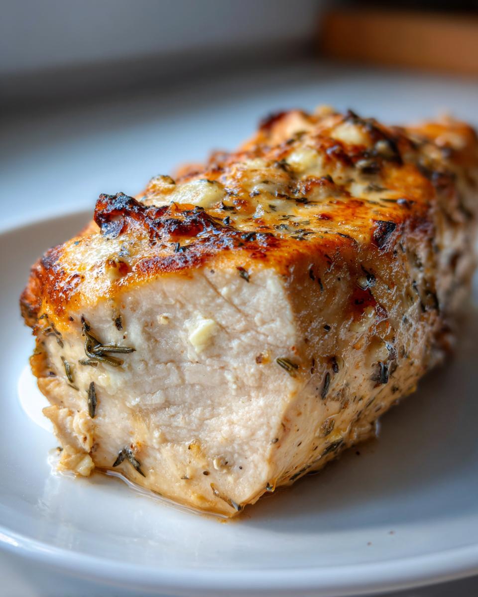 Close-up of a perfectly cooked, juicy baked chicken breast showing the white interior and herb crust.
