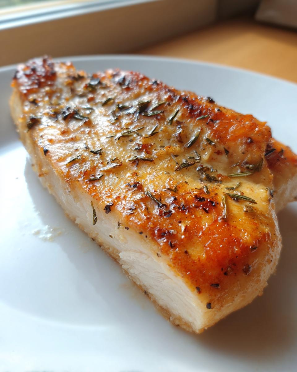Close-up of a perfectly cooked, juicy baked chicken breast, showing the white interior and golden, herb-crusted exterior.