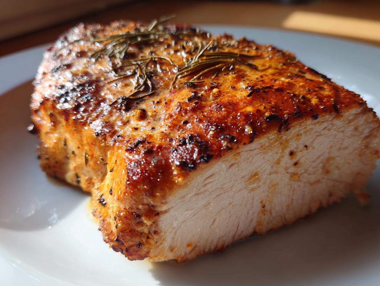 Cross-section view of a perfectly cooked, juicy baked chicken breast seasoned with herbs and rosemary.