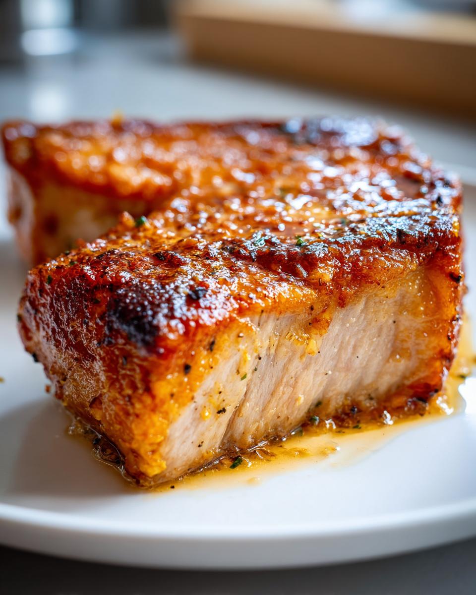 Close-up of a perfectly cooked, juicy baked chicken breast with a golden, seasoned crust resting in its own juices.