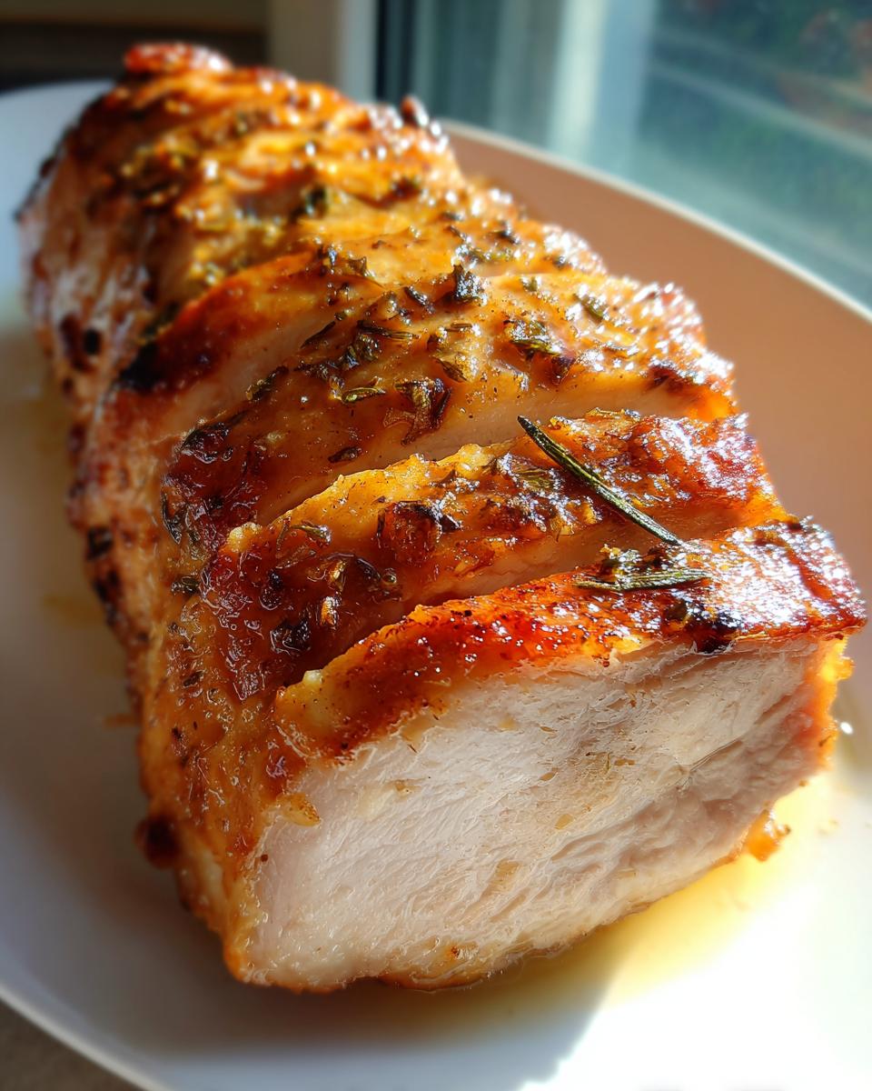Close-up of a sliced, juicy baked chicken breast, glistening with herbs and glaze.