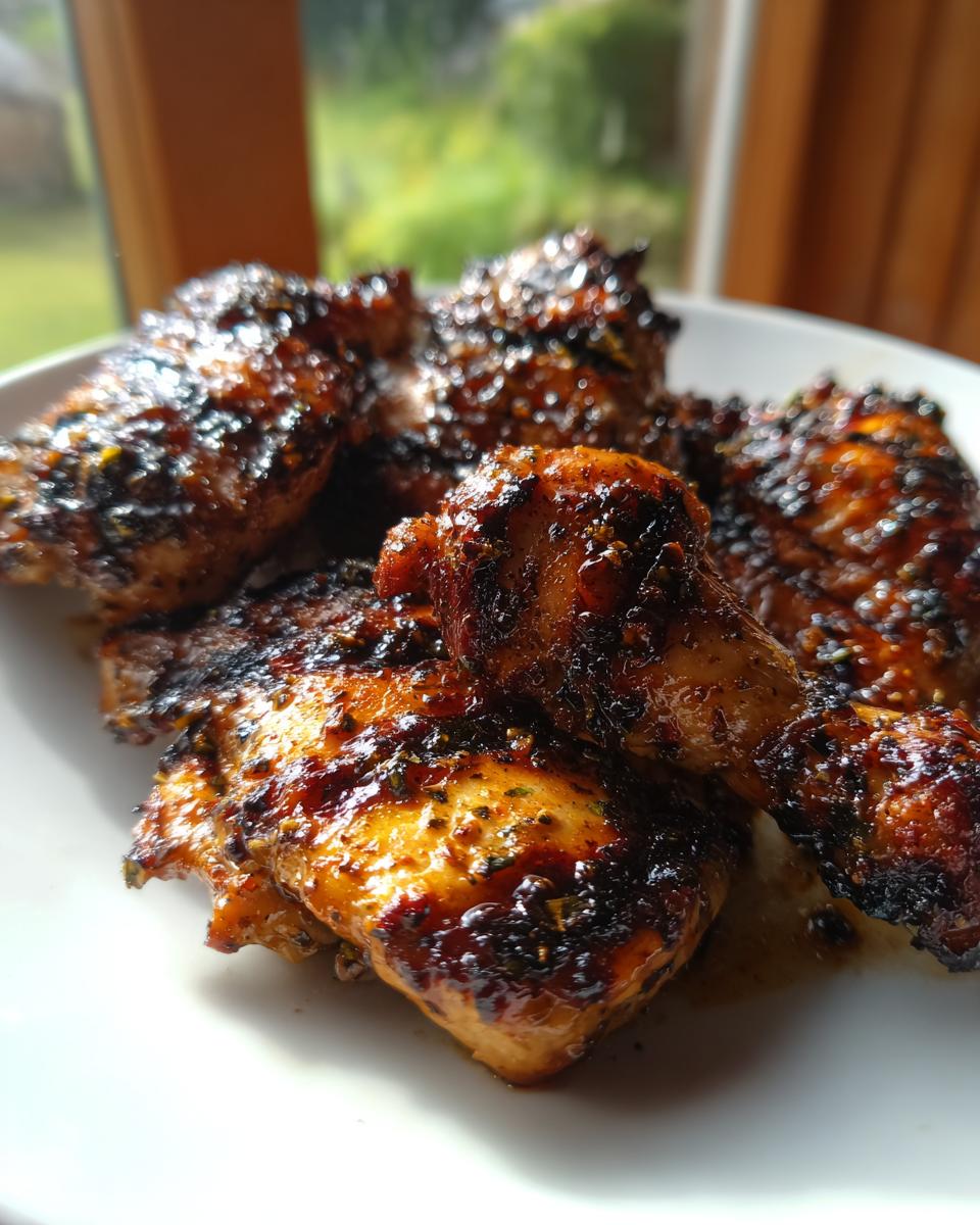 Close-up of several pieces of cooked chicken coated in a dark, glossy chicken marinade, sitting on a white plate.