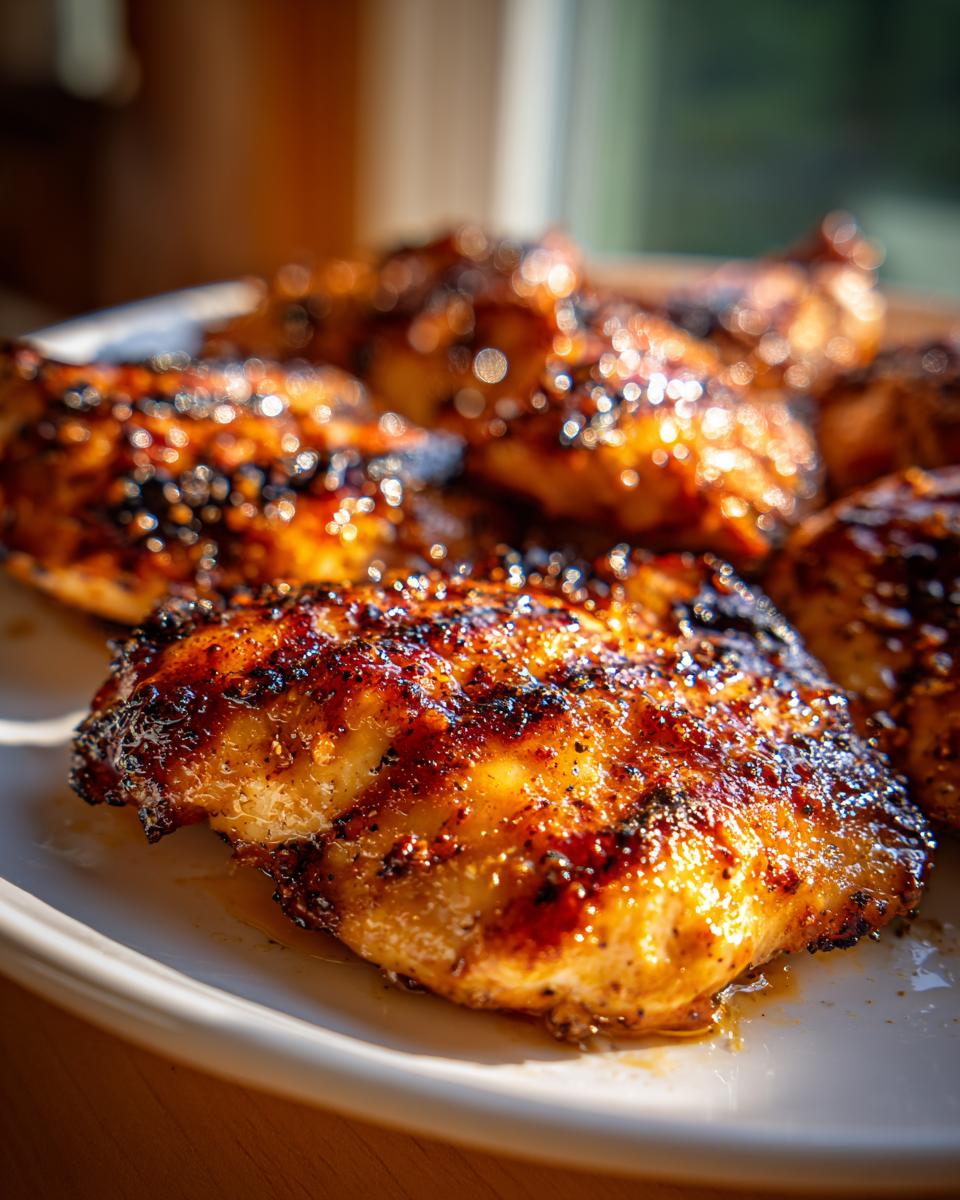 Close-up of beautifully grilled chicken pieces coated in a rich glaze, highlighting the results of the best chicken marinade.