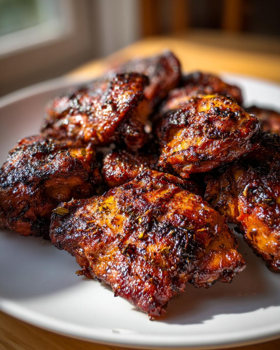 Close-up of perfectly grilled, dark, and caramelized chicken pieces coated in a rich chicken marinade.