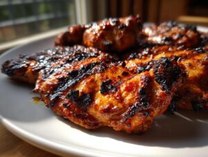 Close-up of perfectly grilled chicken pieces coated in a rich, dark glaze from the chicken marinade, resting on a white plate.