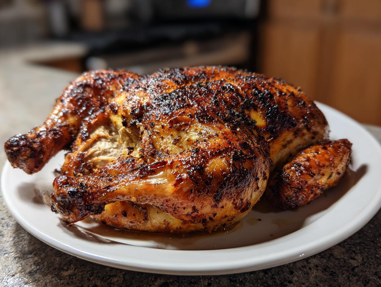 A whole, perfectly roasted spatchcock chicken with dark, crispy, seasoned skin resting on a white plate.