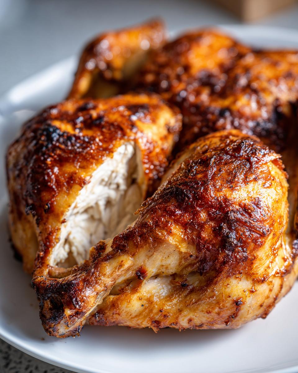 Close-up of a perfectly roasted spatchcock chicken showing crispy, browned skin and juicy white meat inside.