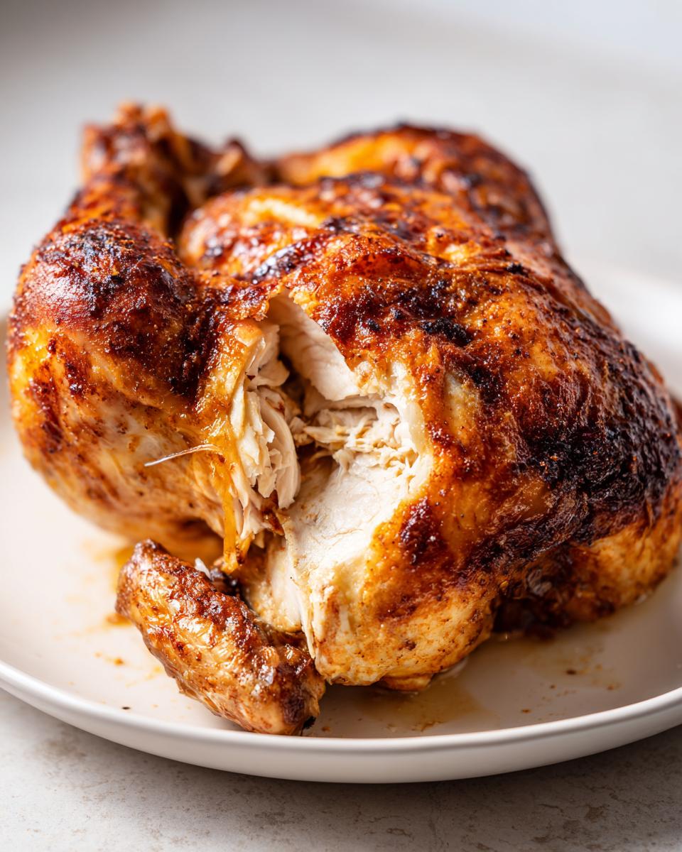 Close-up of a perfectly roasted spatchcock chicken with golden-brown, crispy skin, showing moist white meat inside.
