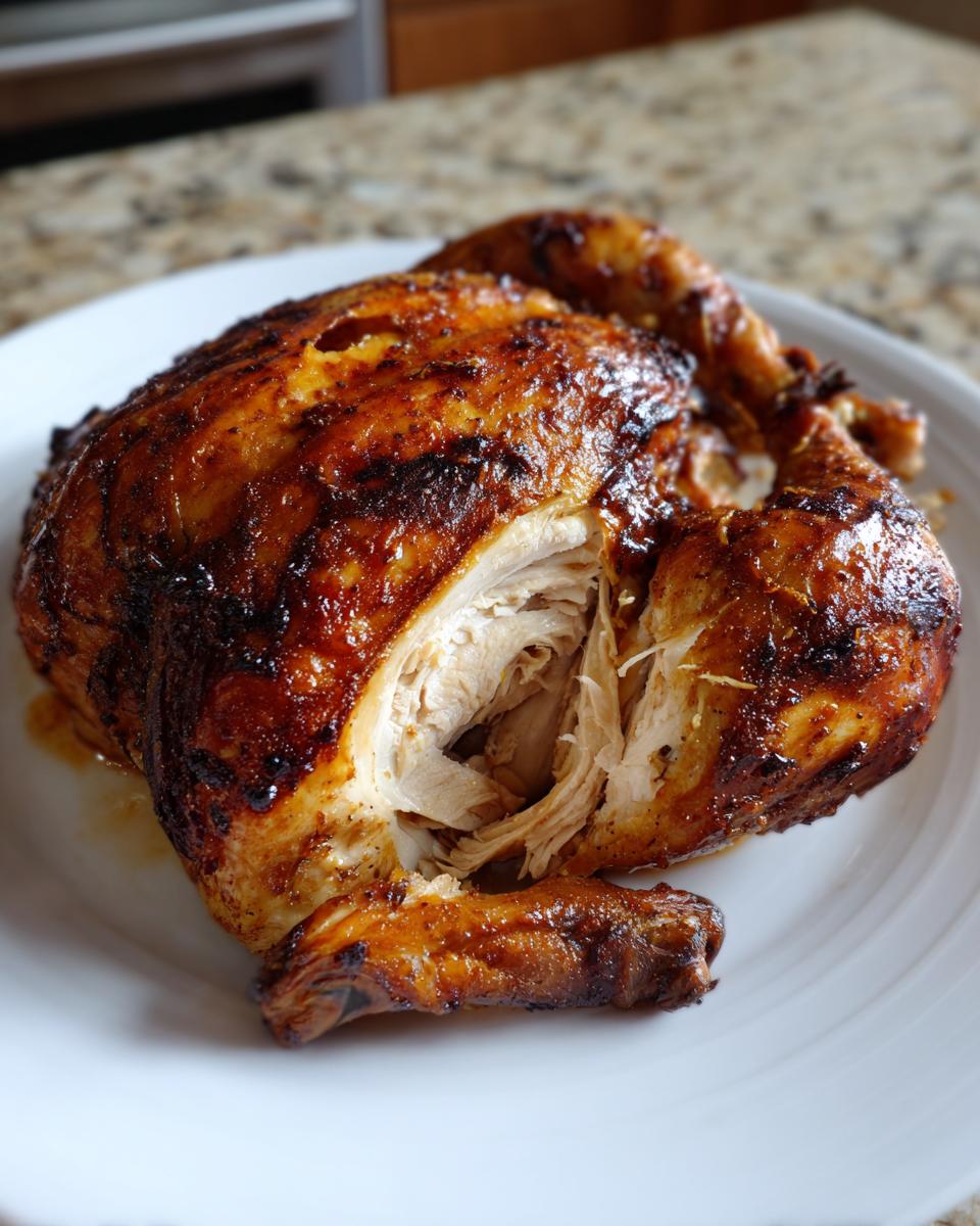 A whole roasted spatchcock chicken with deeply browned, glazed skin, showing tender white meat exposed where a piece has been pulled away.