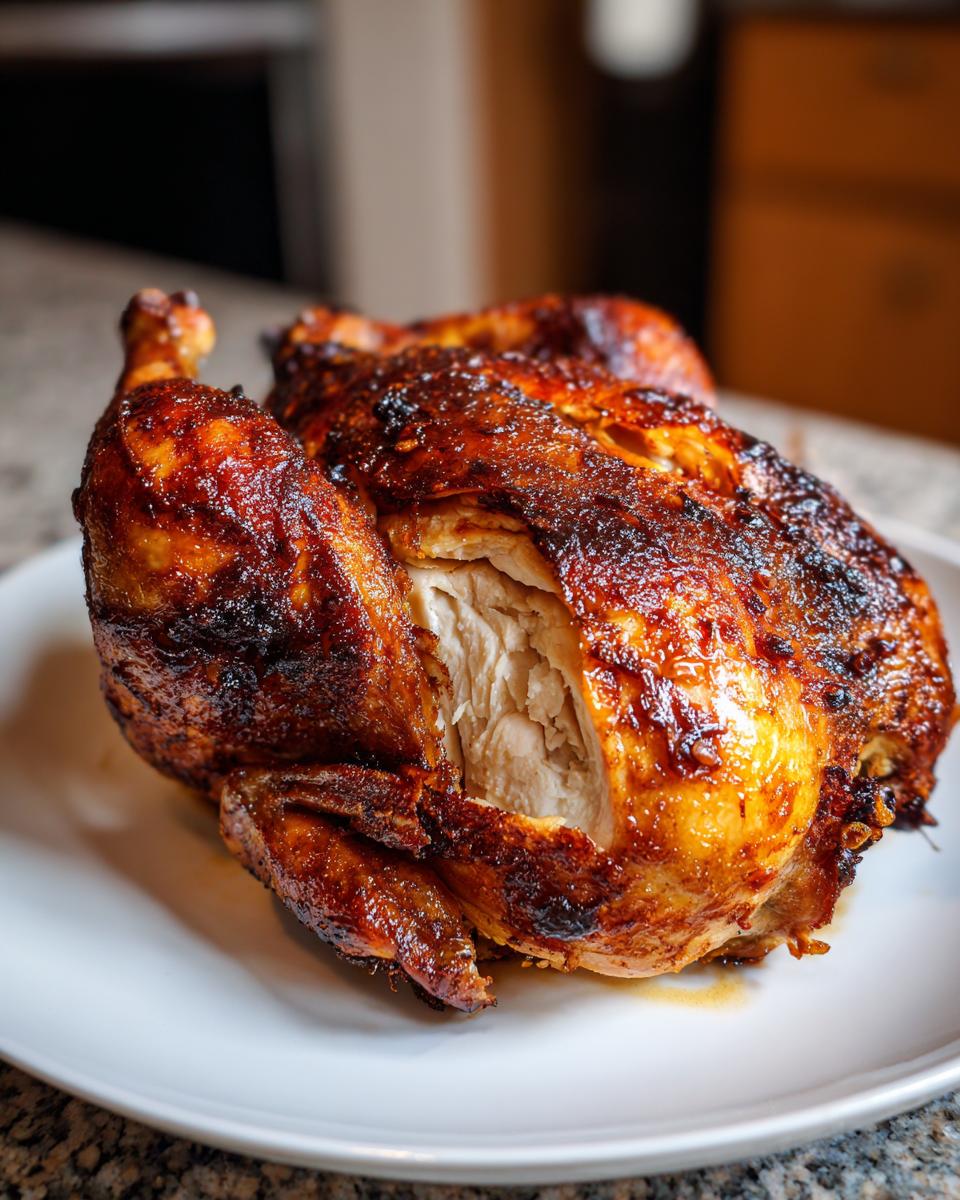 A perfectly roasted spatchcock chicken with deep brown, crispy skin resting on a white plate, showing moist white meat inside.