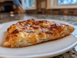 Close-up of a golden brown slice of keto pizza crust with melted cheese topping on a white plate.