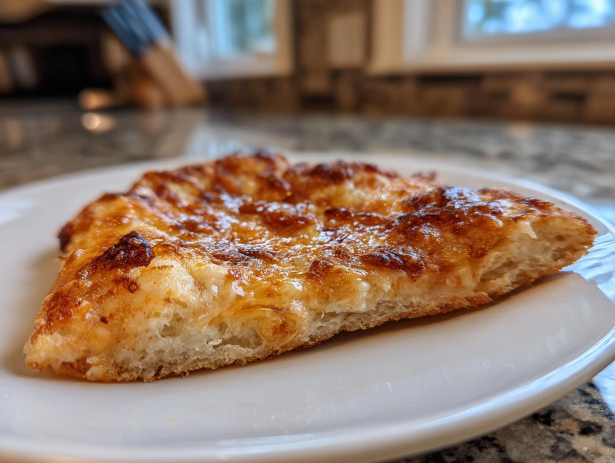 Close-up of a golden brown slice of keto pizza crust with melted cheese topping on a white plate.