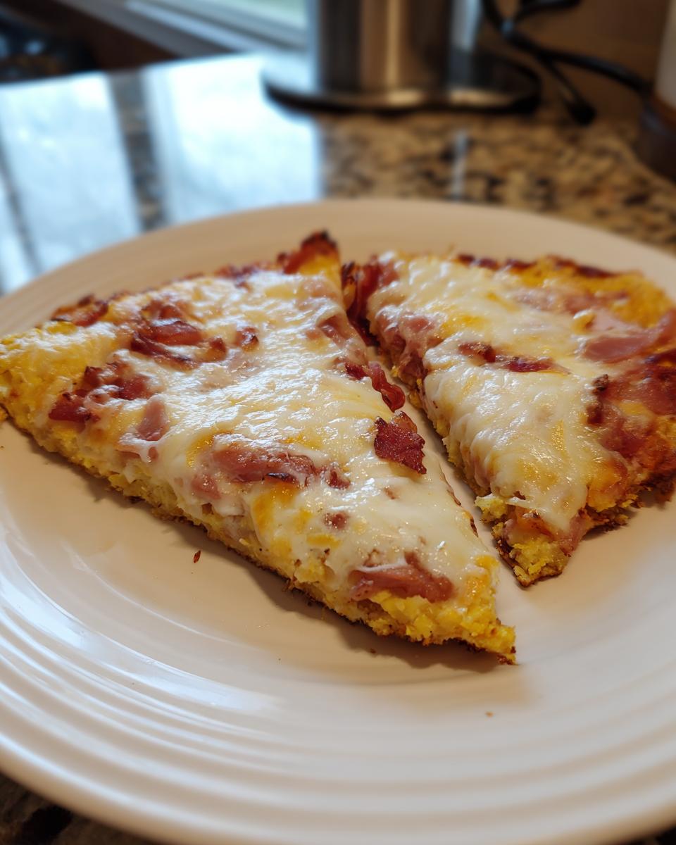 Two slices of pizza made with a keto pizza crust, topped with melted mozzarella cheese and bacon pieces.