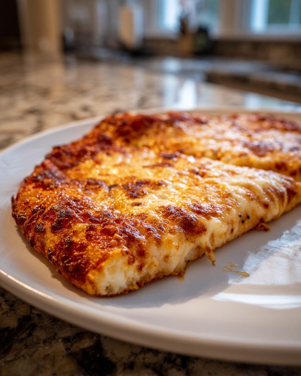 Two slices of cheesy pizza made with keto pizza crust, showing a golden-brown, bubbly top.