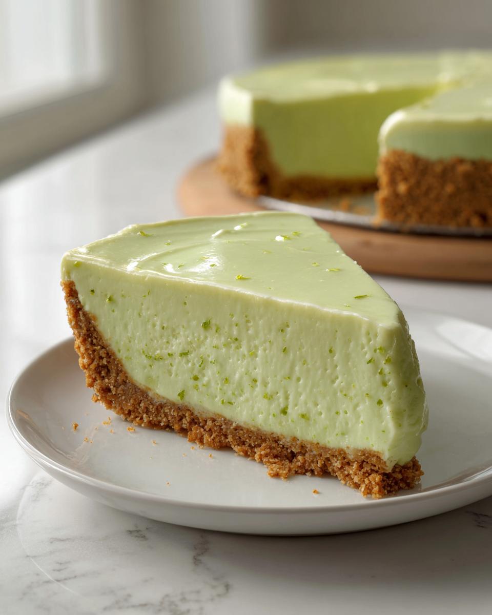 A close-up of a perfect slice of creamy key lime cheesecake on a white plate, showing the thick graham cracker crust.