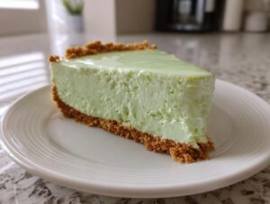 A perfect slice of creamy, light green key lime cheesecake with a thick graham cracker crust on a white plate.