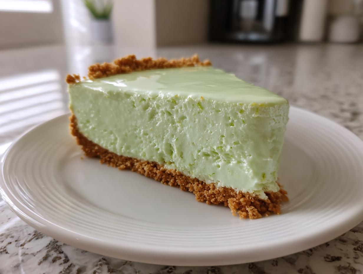 A perfect slice of creamy, light green key lime cheesecake with a thick graham cracker crust on a white plate.