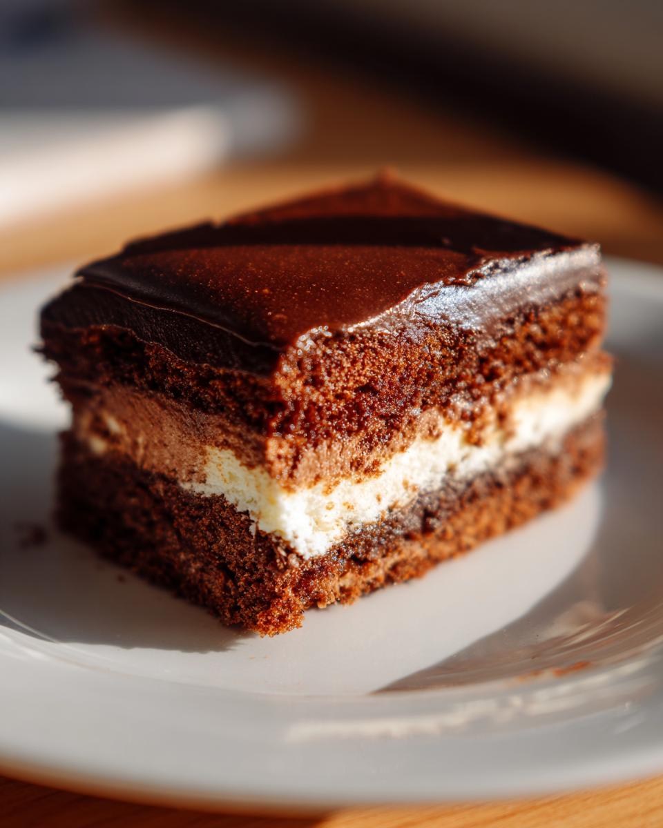Close-up of a layered slice of rich chocolate italian love cake with dark ganache.