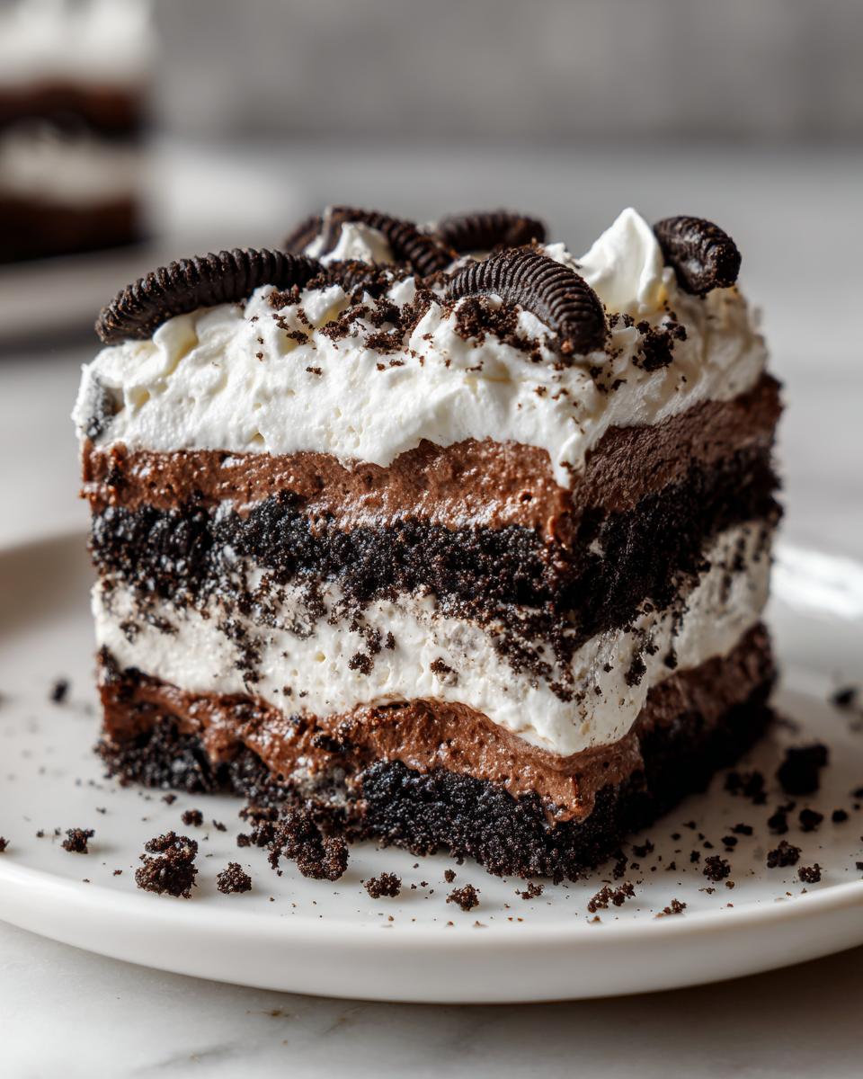 A decadent slice of layered dirt cake featuring chocolate pudding, cream, and crushed Oreo layers, topped with whipped cream and cookies.