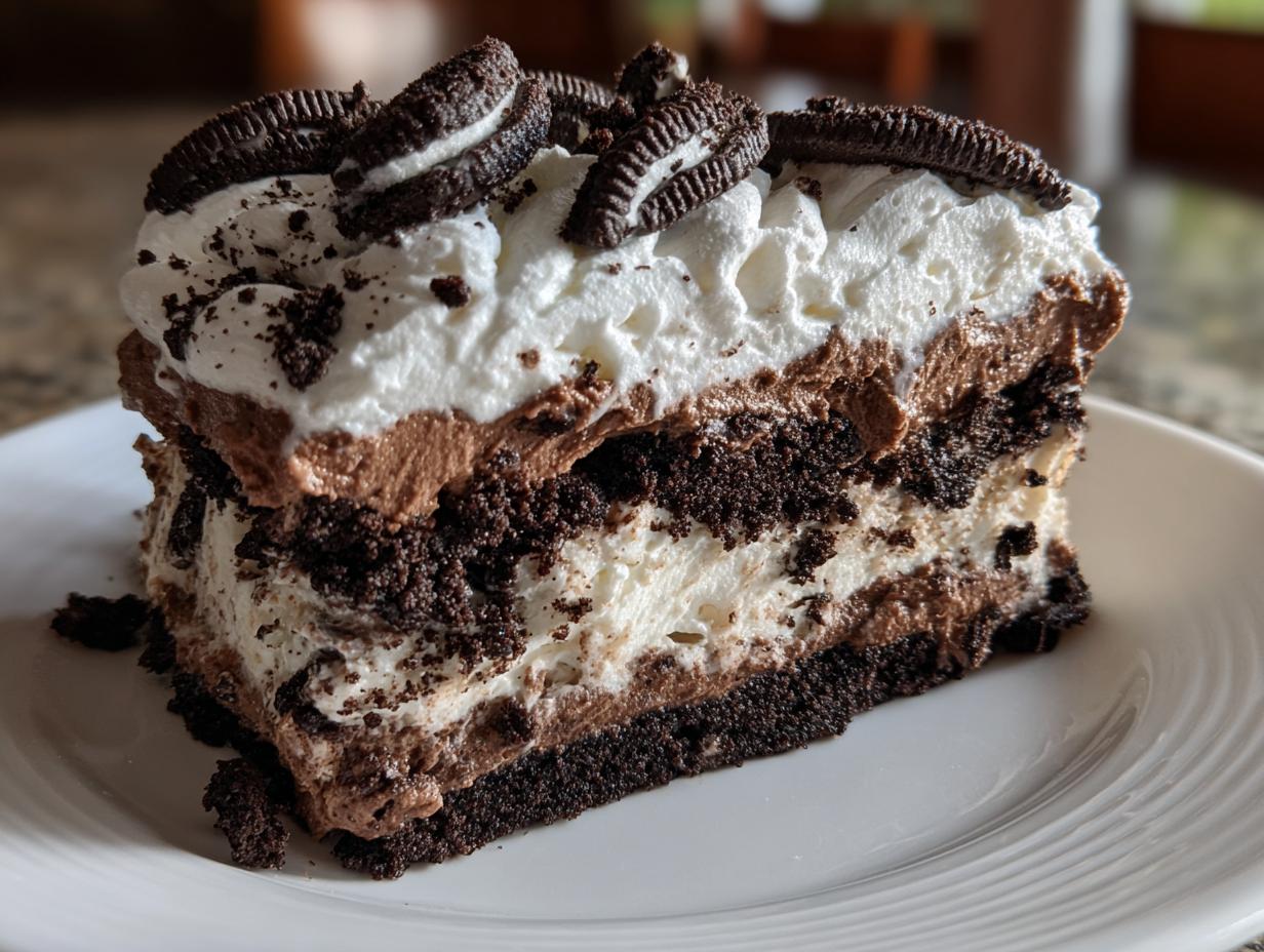 Close-up of a decadent slice of dirt cake showing layers of chocolate pudding, cream cheese, and crushed Oreos, topped with whipped cream.