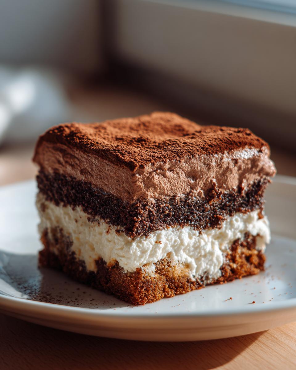 Close-up of a layered slice of italian love cake featuring dark cake, white cream, and chocolate mousse topped with cocoa powder.